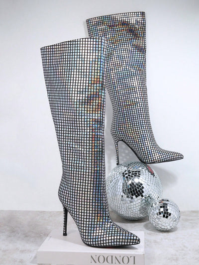 Shimmering Chic: Metallic Point Toe Stiletto Heeled Boots