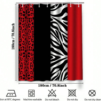 Chic Leopard Print Shower Curtain Set – Black & White with Red Stripes | Stylish Bathroom Decor