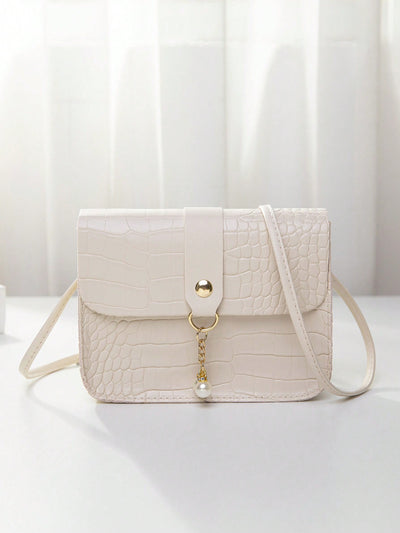 Chic Color Block Crossbody Bag with Pearl Pendant – Perfect Mini Bag for On-the-Go Style