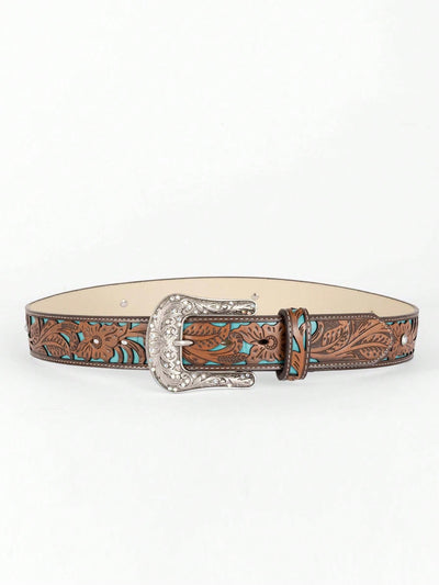 Vintage Cowgirl Chic: Colorful Flower Engraved Rhinestone Belt for Western Style Looks