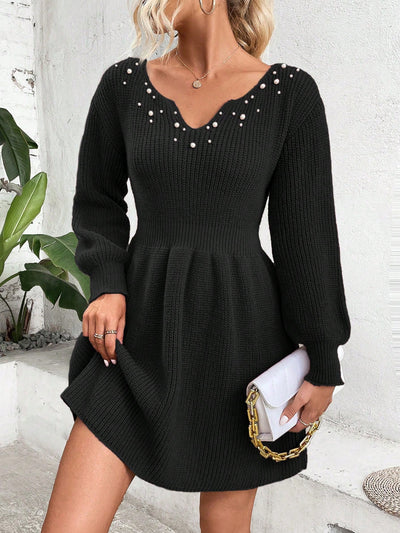 Chic Pearl-Accented Notched Neckline Sweater Dress with Lantern Sleeves