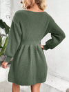 Chic Pearl-Accented Notched Neckline Sweater Dress with Lantern Sleeves