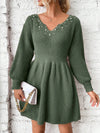 Chic Pearl-Accented Notched Neckline Sweater Dress with Lantern Sleeves