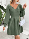 Chic Pearl-Accented Notched Neckline Sweater Dress with Lantern Sleeves