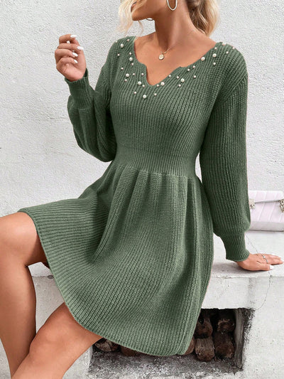 Chic Pearl-Accented Notched Neckline Sweater Dress with Lantern Sleeves