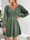 Chic Pearl-Accented Notched Neckline Sweater Dress with Lantern Sleeves