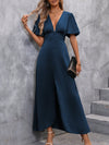 Fluttering Elegance: Plunging Neck Butterfly Sleeve Satin Dress