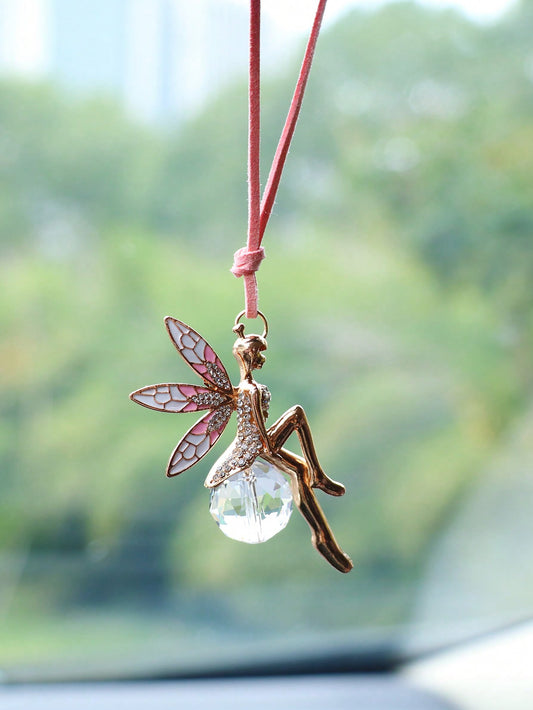 Enchanting Pink Crystal Flower Fairy Car Hanging Ornament