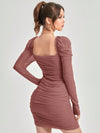 Radiant Ruched Mesh Overlay Dress with Frill Trim and Gigot Sleeves