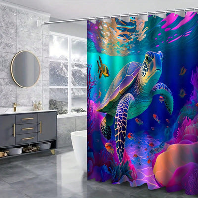 Vibrant Oceanic Adventure Shower Curtain Set – Colorful Sea Turtle Design with 12 Hooks