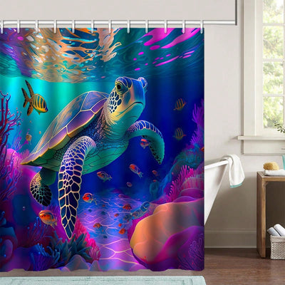 Vibrant Oceanic Adventure Shower Curtain Set – Colorful Sea Turtle Design with 12 Hooks