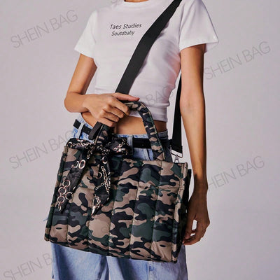 Camouflage Chic: Bow-Detail Skinny Scarf & Quilted Top Handle Bag