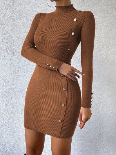 Cozy Elegance: Neck Button Detail Bodycon Sweater Dress