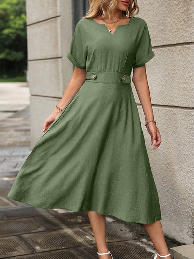 Chic A-Line Dress with Notched Neckline and Button Details