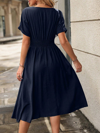 Chic and Classic: Notched Neckline A-Line Dress with Button Detail