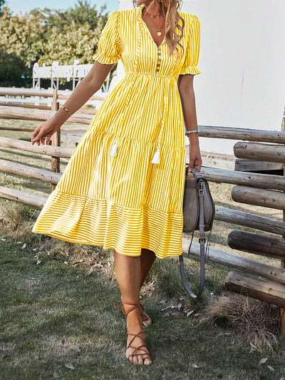 Chic & Sophisticated: Striped Print Puff Sleeve Ruffle Hem Dress