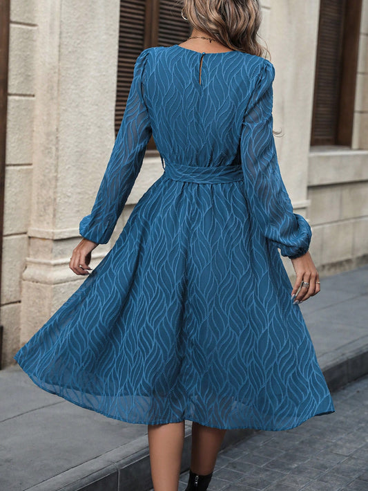 Elegant Solid Lantern Sleeve Belted Dress - Timeless Style for Any Occasion