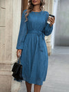 Elegant Solid Lantern Sleeve Belted Dress - Timeless Style for Any Occasion