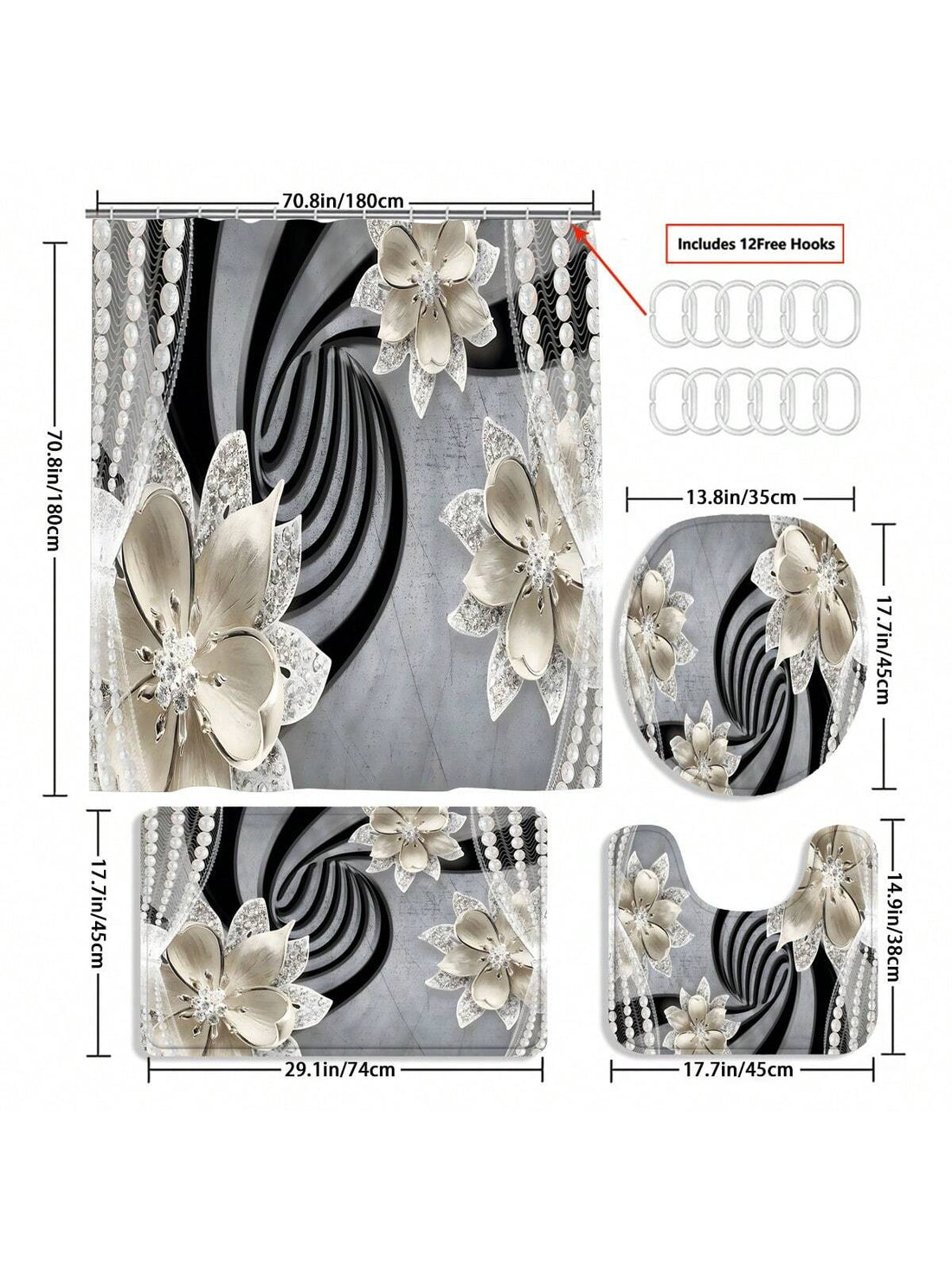 Experience a luxurious and elegant bathroom with our 3D Floral Beaded Printing Design Shower Curtain and Mat Set. The intricate floral beading adds a touch of sophistication, while the waterproof material ensures a long-lasting and functional addition to your bathroom. Complete with 12 shower rings for easy installation.