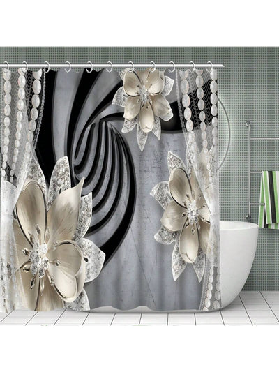 3D Floral Beaded Printing Design Shower Curtain and Mat Set: Waterproof Bathroom Decor with 12 Shower Rings