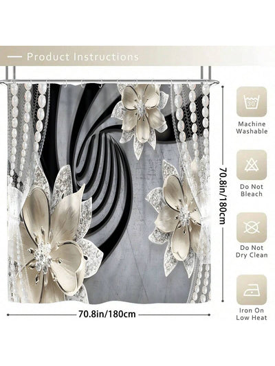 Simplistic Floral Beaded 3D Printed Shower Curtain & Mat Set – Waterproof Bathroom Décor with 12 Shower Rings