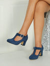 Chic Navy Blue High Heel Mary Jane T-Strap Dress Shoes for Autumn-Winter Elegance