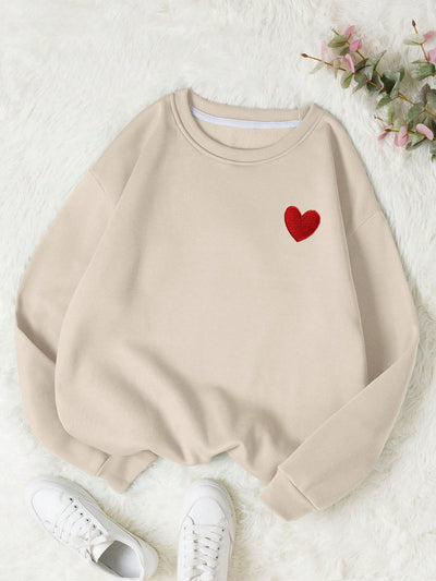 Sweetheart Sweater: Cozy up with Heart Print Casual Long Sleeve Drop Shoulder Sweatshirt