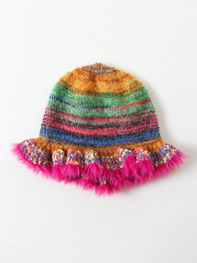 Boho Chic: Vintage Rainbow Stripe Woolen Hat with Ruffle Edge