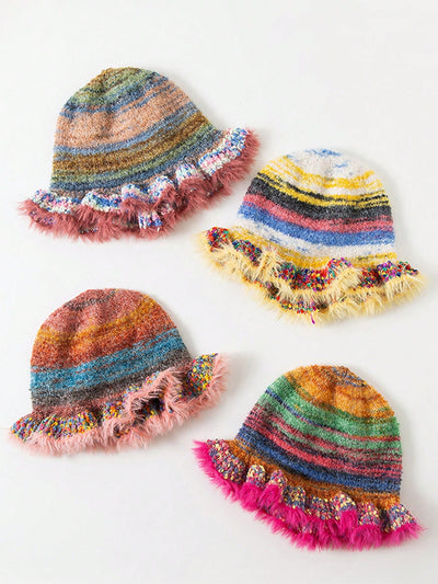 Boho Chic: Vintage Rainbow Stripe Woolen Hat with Ruffle Edge