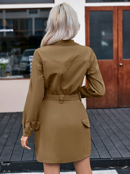 Chic & Versatile Essence Flap Pocket Belted Shirt Dress