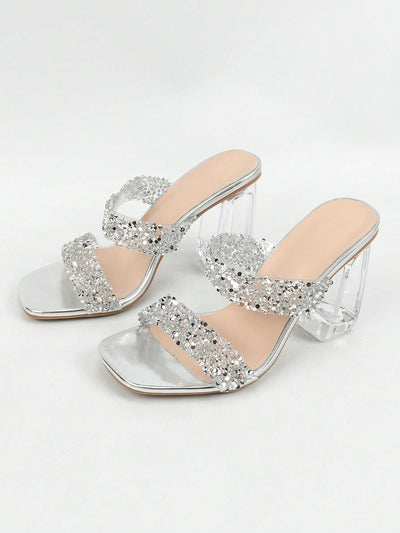 Sparkle and Shine: Women's Fashionable Glitter Peep Toe Mules with Crystal Block Heels