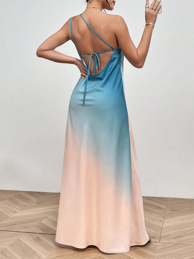 Sunset Serenade: Gradient Backless Single Shoulder Knot Long Dress