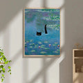 Light wood framed black cat lily pond canvas wall art in a sunlit room