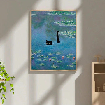Light wood framed black cat lily pond canvas wall art in a sunlit room
