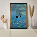 Add playful color to your space with this black cat lily pond canvas wall art. The whimsical design shows a curious black cat floating among lily pads and small pink water flowers in a richly textured blue and teal pond. Its painterly, storybook character makes it a charming accent for a bathroom, bedroom, nursery, hallway, or anyone who loves cats and imaginative art.
