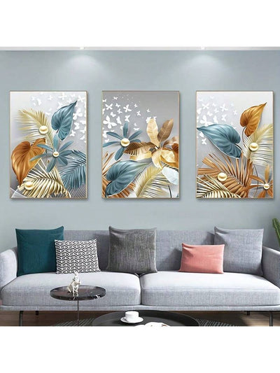 Golden Delight 3-Piece Butterfly Leaves Wall Art Set for a Stylish Living Room