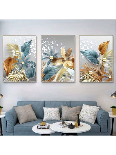 Golden Delight 3-Piece Butterfly Leaves Wall Art Set for a Stylish Living Room