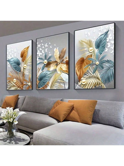 Golden Delight 3-Piece Butterfly Leaves Wall Art Set for a Stylish Living Room