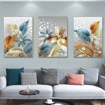 Golden Delight 3-Piece Butterfly Leaves Wall Art Set for a Stylish Living Room