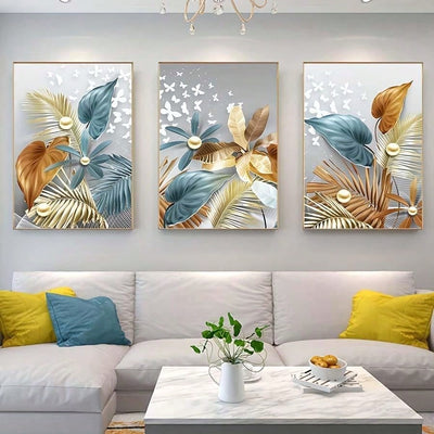 Golden Delight 3-Piece Butterfly Leaves Wall Art Set for a Stylish Living Room