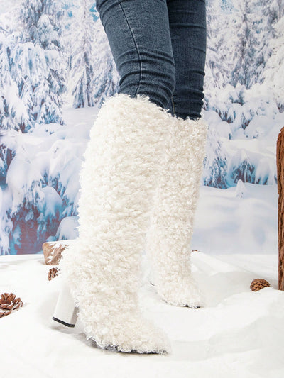 Winter Wonderland: White Lined Knee-high Boots with Back Zipper