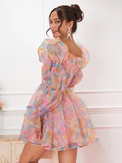 Enchanted Garden: Colorful Puff Sleeve Tie-Dye Dress for Women