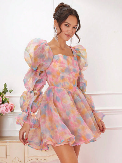 Enchanted Garden: Colorful Puff Sleeve Tie-Dye Dress for Women