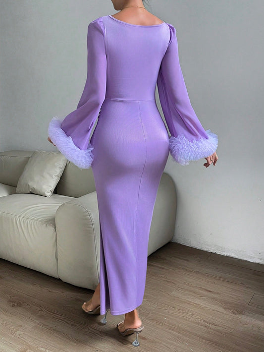 Elegance Personified: Purple Ruffle Trim Trumpet Sleeve Mermaid Hem Dress