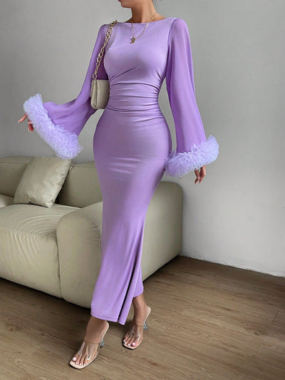 Elegance Personified: Purple Ruffle Trim Trumpet Sleeve Mermaid Hem Dress