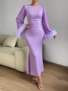 Elegance Personified: Purple Ruffle Trim Trumpet Sleeve Mermaid Hem Dress