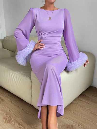 Elegance Personified: Purple Ruffle Trim Trumpet Sleeve Mermaid Hem Dress