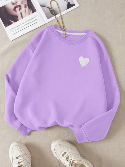 Sweetheart Sweater: Cozy up with Heart Print Casual Long Sleeve Drop Shoulder Sweatshirt