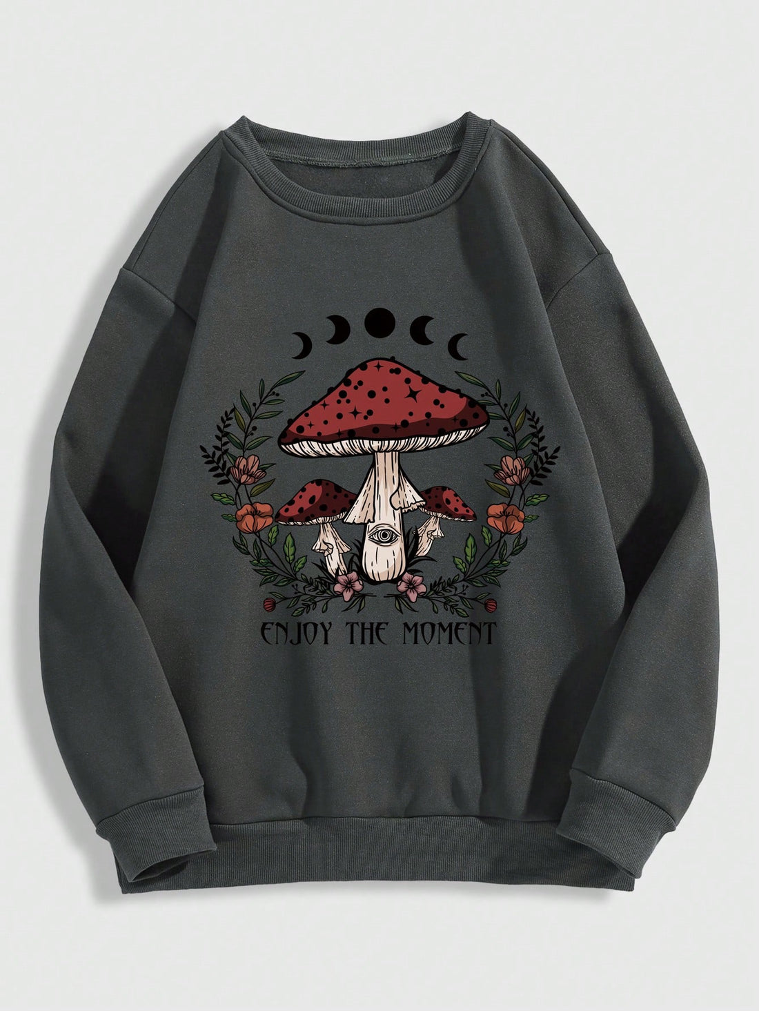 Upgrade your wardrobe with our Retro Mushroom Print Goth Crew Neck Sweatshirt. The perfect addition for those who embrace eclectic style. Made with high-quality fabric for a comfortable fit and featuring a unique retro mushroom print, this sweatshirt will surely make a statement. Stand out in style and embrace your individuality.