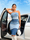 Furry Hem Fabulousness: Color-Blocked Denim Strapless Dress for a Slim Fit